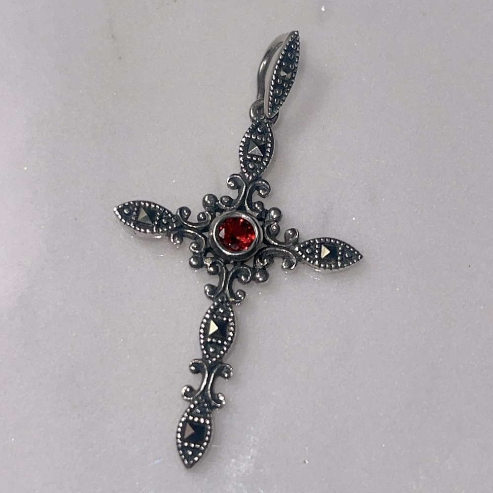 925 Marcasite Garnet Cross Pendant